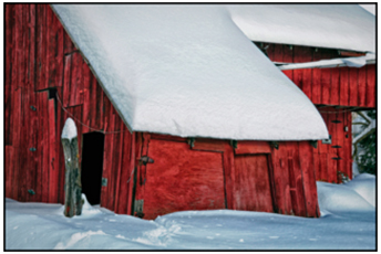 Red, snow-covered barn in Pennsylvania 