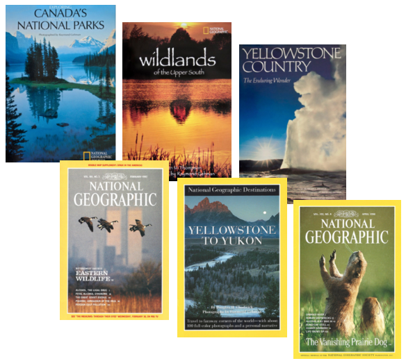 National Geographic magazines and book covers featuring Raymond Gehman's photography